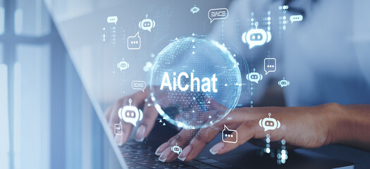 Hands typing on a laptop with a digital globe displaying Ai Chat and chat bot icons floating around.