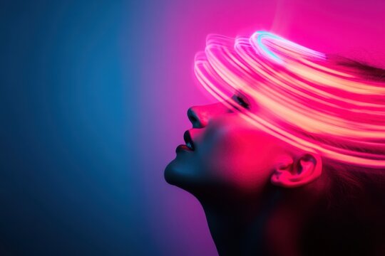 Woman posing under neon lights with blue and purple background - Powered by Adobe