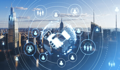 Digital network graphics overlaying cityscape with skyscrapers. New York Skyline.