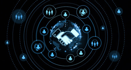 A digital handshake icon surrounded by people icons in a futuristic style on a dark background. Concept of global networking. 3D Rendering
