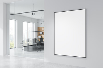 Modern coworking interior with pc computers and panoramic window. Mockup frame