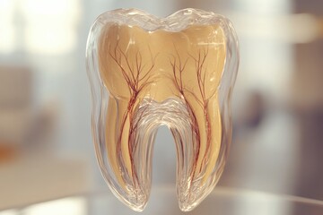 Obraz premium Detailed transparent tooth model showcasing internal structure and roots