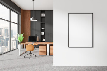 Blank poster mockup in modern office interior with city view. 3D Rendering