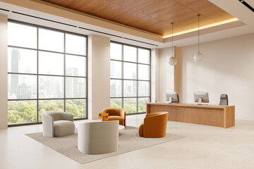 Beige lobby interior with waiting zone and reception desk, panoramic window
