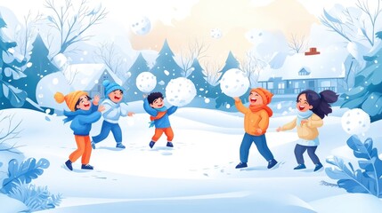 Naklejka premium Winter fun at children's camp: kids enjoying a snowball fight in a scenic snowy landscape