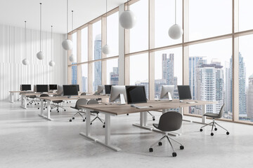 Modern open-space office with large windows and city view. 3D Rendering