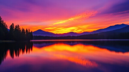 Sunset wallpaper showing beautiful, colorful sunset over a lake with mountains in the background