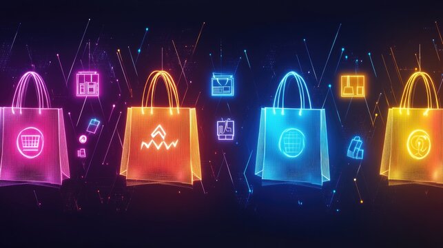 Neon cyber monday shopping theme with glowing digital bags and icons for e-commerce promotion