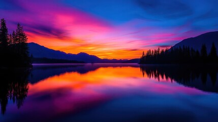 Fototapeta premium Sunset wallpaper showing beautiful, colorful sunset over a lake with mountains in the background