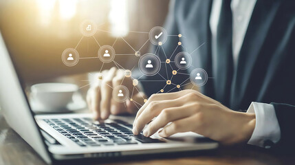 Business person who works to strategy research information support with connection to success in cyberspace communication technology