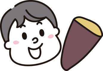 焼きたての切られた焼き芋と笑顔で喜ぶ男の子の顔のイメージのイラスト素材