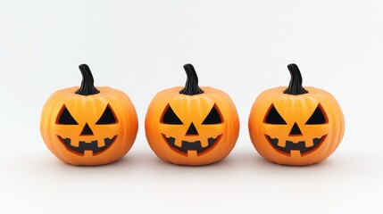 three halloween jack o lanterns on a white background in widescreen format