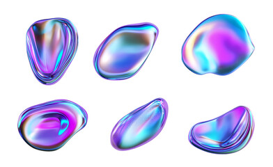 Collection of set 3d neon fluid chrome metallic shape isolated on transparent background. PNG file, cut out