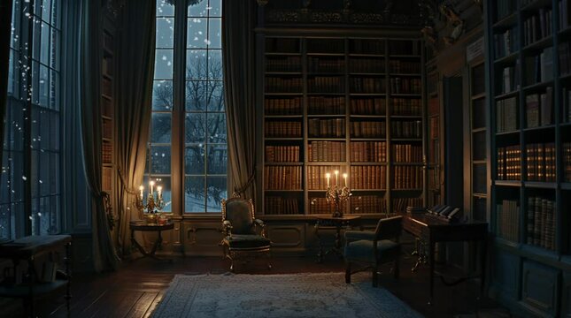 Cozy interior library room with a large window, featuring warm wooden accents and inviting shelves filled with books
 Seamless looping 4k time-lapse virtual video animation Generated AI