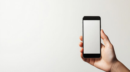 A hand holds a smartphone with a blank screen against a white background. The screen is empty, ready for your text or image.