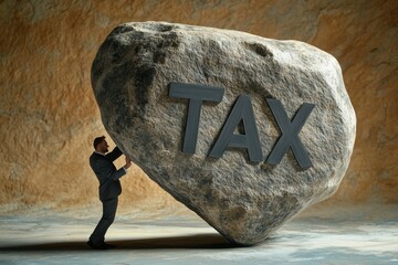 Businessman carrying a heavy stone with the word TAX on it --ar 3:2 --v 6.1 Job ID: 7f390a2b-3dfd-4d65-aedd-3f5be896a2e8