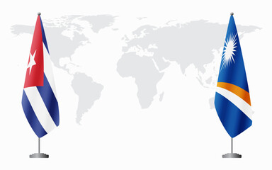 Cuba and Marshall Islands flags for official meeting against background of world map.