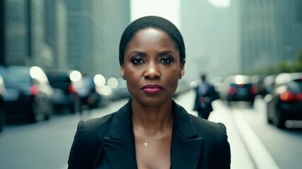 Confident black woman walks in city, dolly zoom, three-point lighting highlights her determined stride