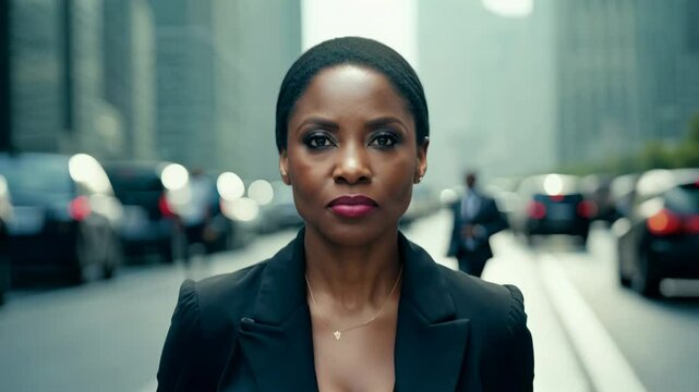Confident black woman walks in city, dolly zoom, three-point lighting highlights her determined stride