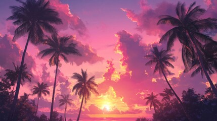 Palm trees silhouetted against a vibrant pink and orange sunset.