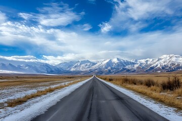 Asphalt highway road and snow mountains with sky clouds natural landscape. Generative AI.