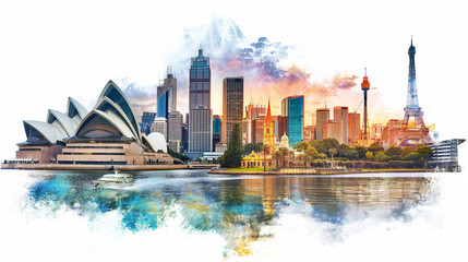Naklejka premium Travel Collage of famous places of the Australia, Element for Advertisement, postcard, poster 