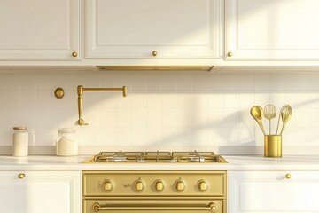 Elegant home kitchen interior with golden tap and stove, empty space 