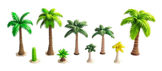Obraz premium Collection of set 3d palm tree icon isolated on transparent background. PNG file, cut out