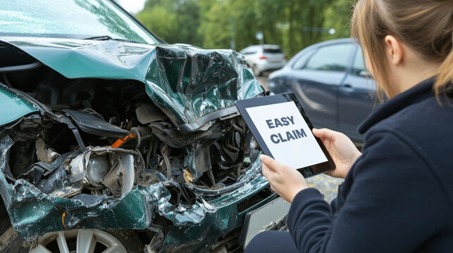 woman documents car accident scene with tablet, showing damaged vehicle