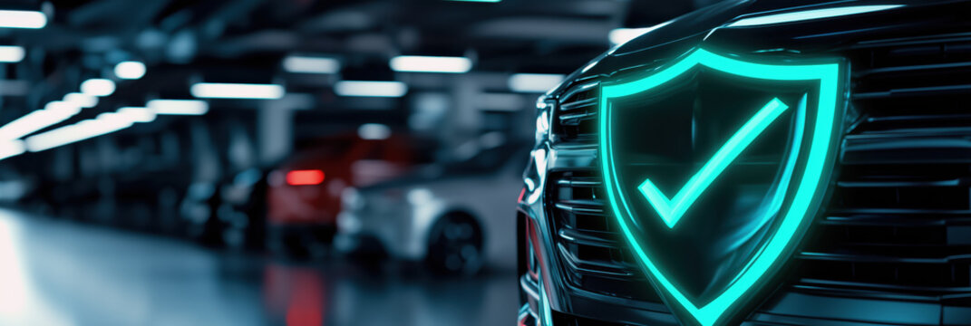 Insurance concept featuring car with shield symbolizing protection and safety