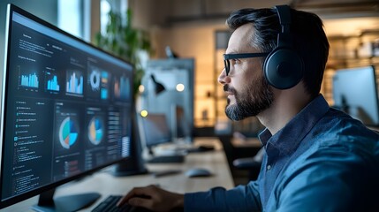 Man Wearing Headphones Analyzing Data on a Computer Screen