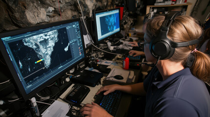 High tech earthquake forecasting lab with scientists analyzing data