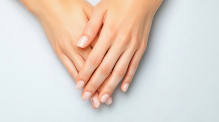 Fototapeta premium Elegant hands with polished nails resting on a white background.