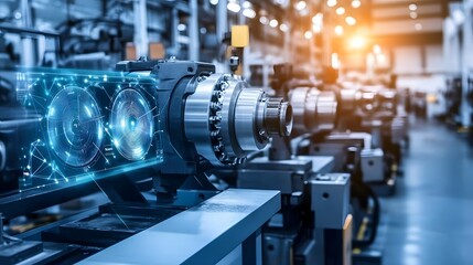 Obraz premium Industrial Machine with Digital Overlay Technology Automation in Manufacturing