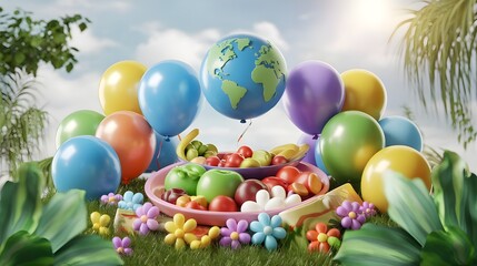 Fototapeta premium World Food Day globe surrounded by colorful balloons and fresh fruits