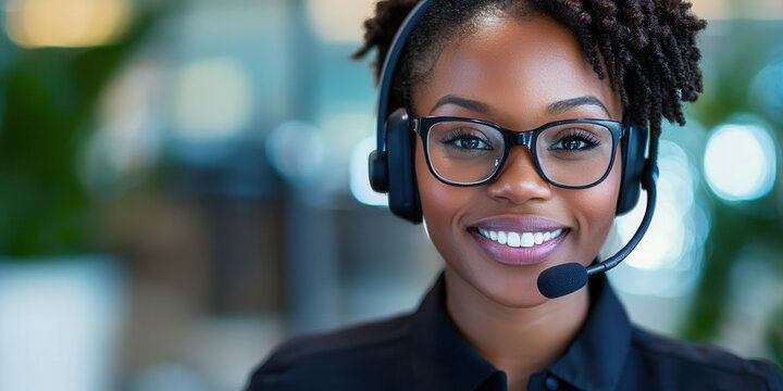 Smiling customer service representative wearing headset, showcasing professionalism and approachability in modern office environment
