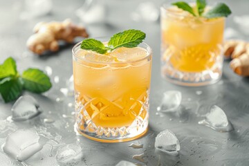 Close-up of a refreshing yellow drink with ice and mint garnishes, perfect for a hot day.