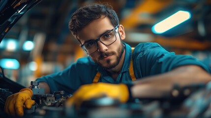 Mechanic focused on engine repair in a bustling auto workshop. The image captures the precision and dedication of automotive work.