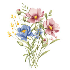 Flowers watercolor, floral clip art. Bouquet perfectly for printing design on invitations, cards, posters, wall art and other. Floral botanical illustration isolated on white background. Hand drawn.