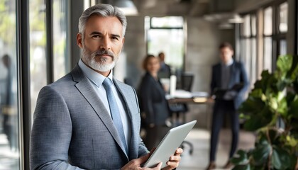 Confident Businessman Holding a Tablet in an Office Setting