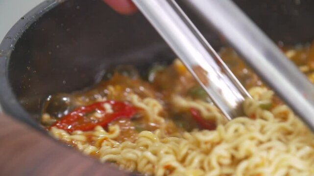 냄비 속에서 집게로 저으며 끓이고 있는 맛있는 라면