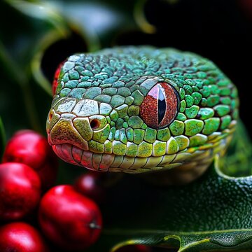 Emerald Serpent. Close-up of a green tree python with vibrant scales and piercing red eye among red berries and foliage.
