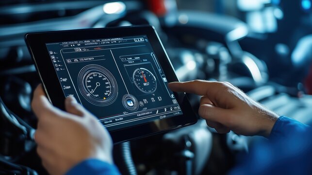 Technician uses a diagnostic tablet to monitor vehicle performance metrics in a modern workshop, showcasing the integration of technology in automotive repair. - Powered by Adobe