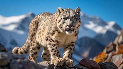 Fototapeta premium A stunning close-up of a snow leopard perched on rocks in the wild, surrounded by snow-capped mountains, exuding strength and grace in its natural habitat