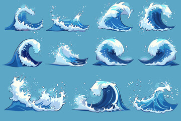 Set of ocean waves with splashes on blue background. Vector illustration