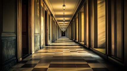 Fototapeta premium Long and narrow hallway with light at the end