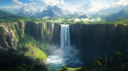 Majestic Waterfall in a Mountain Valley