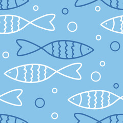 fishes doodle blue ocean seamless pattern