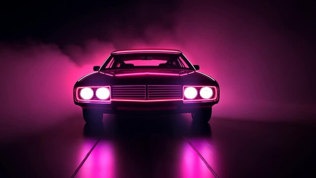 A classic car with pink neon lights drives down a road at night