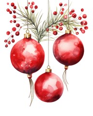 Watercolor illustration Christmas decor with red balls